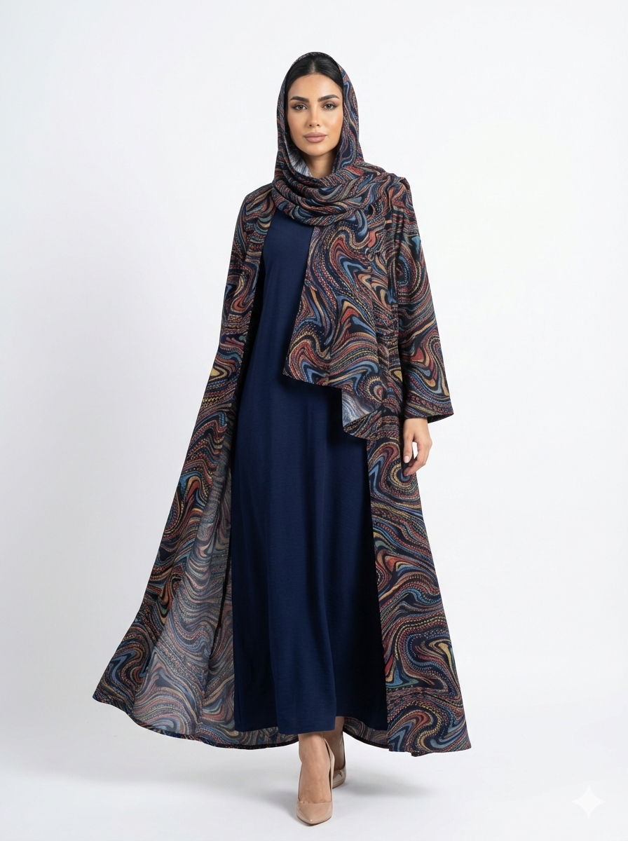 Glamoura X Azure Vortex Blue Kimono-Style Swirl Print Abaya
