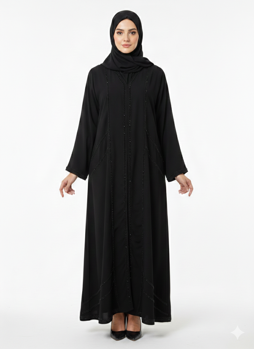 Glamoura X Midnight Obsidian Black Hand-Beaded Embellished Modest Abaya