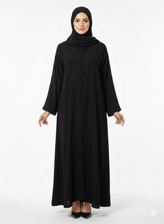 Glamoura X Midnight Obsidian Black Hand-Beaded Embellished Modest Abaya