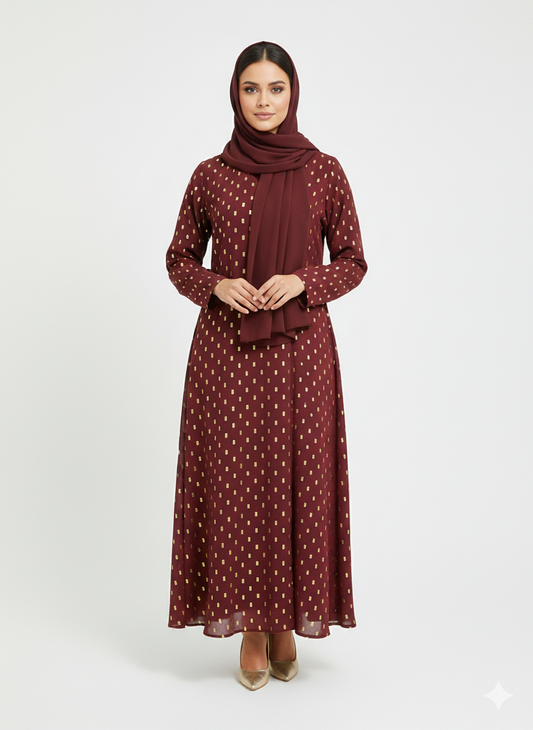 Glamoura X Crimson Gilded Foil Polka Dot Maroon Modest Abaya