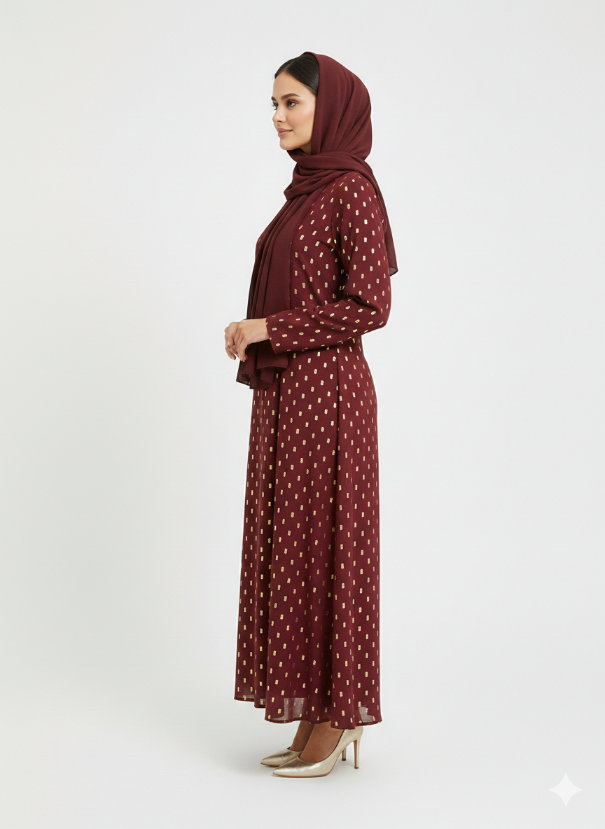 Glamoura X Crimson Gilded Foil Polka Dot Maroon Modest Abaya
