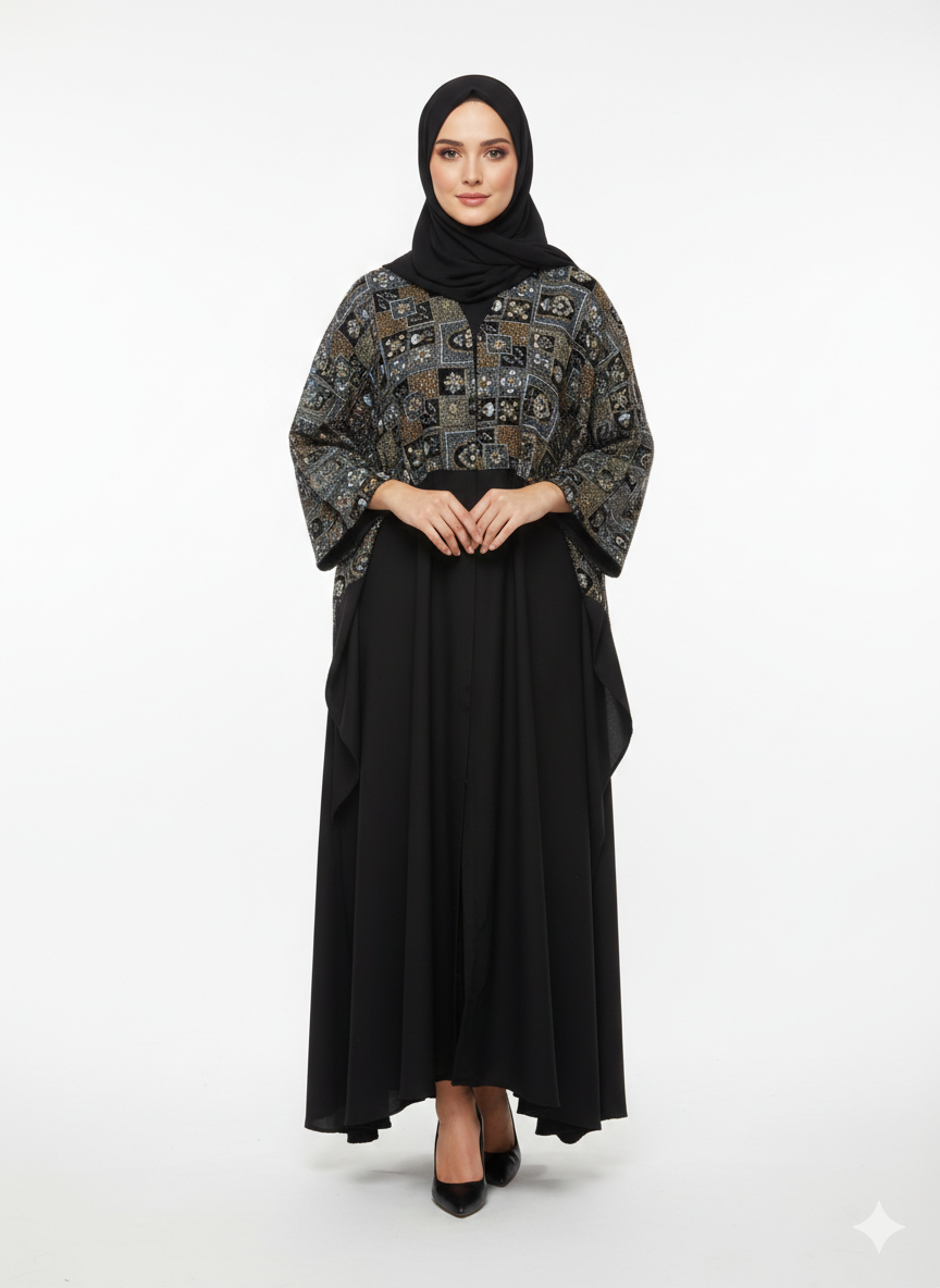 Glamoura X Iconic Velvet-Top Farasha Embroidered Nida Abaya