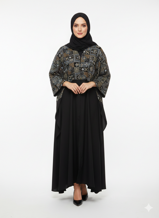 Glamoura X Iconic Velvet-Top Farasha Embroidered Nida Abaya