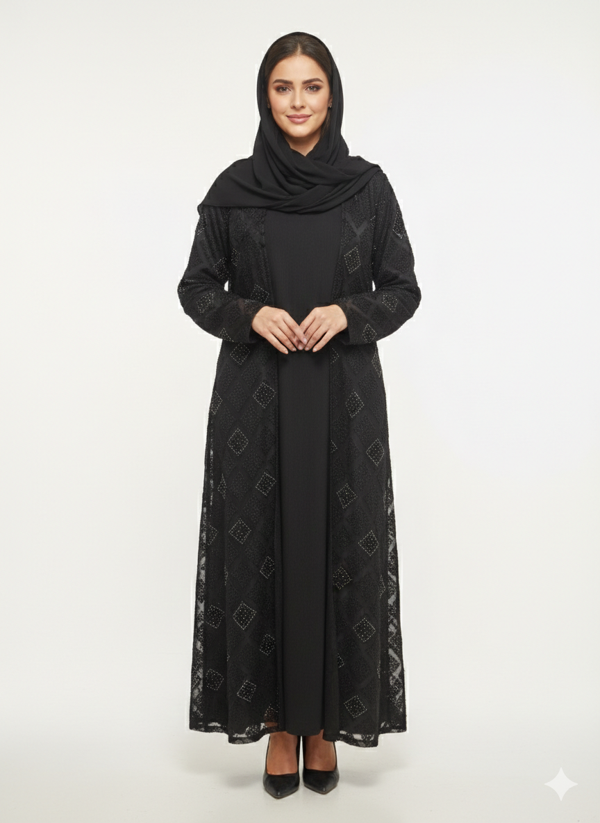Glamoura X Midnight Dahlia Black Kimono-Style Embossed Abaya