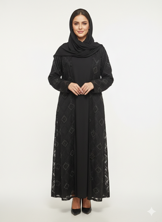 Glamoura X Midnight Dahlia Black Kimono-Style Embossed Abaya