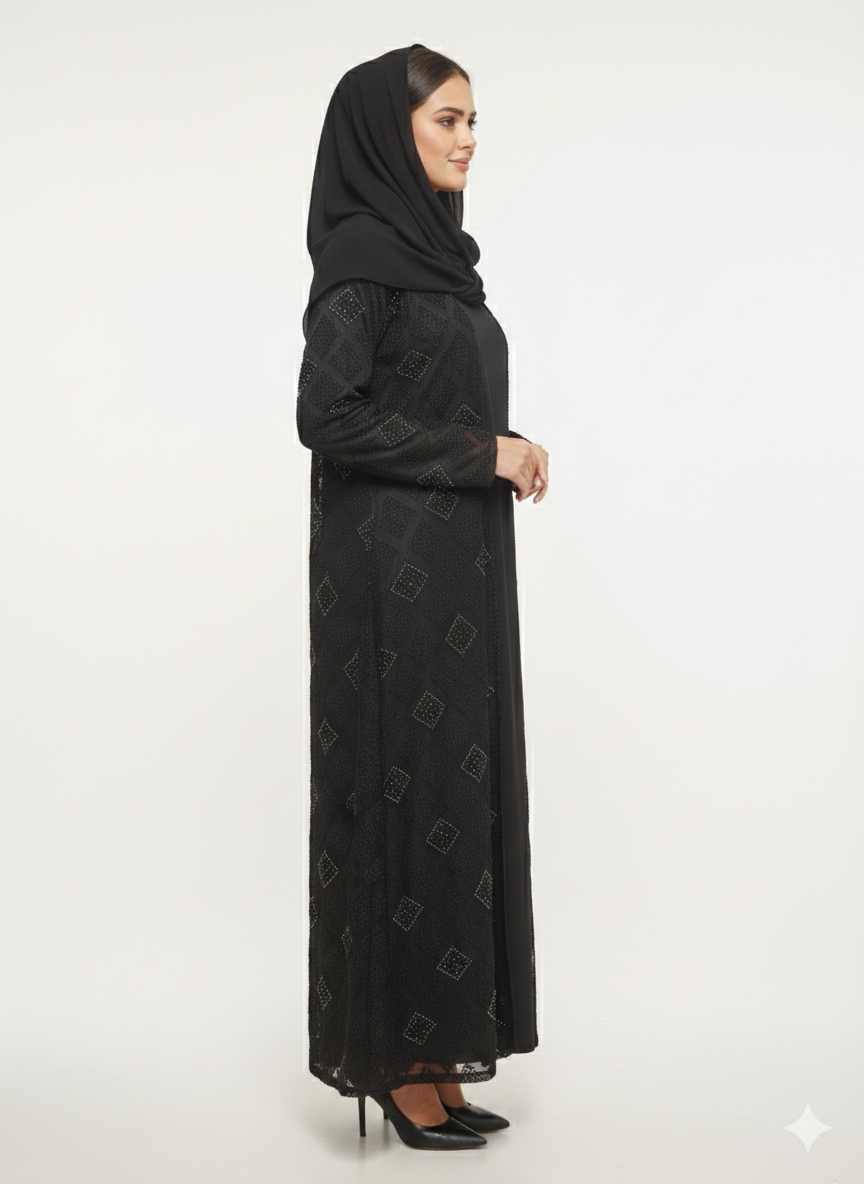Glamoura X Midnight Dahlia Black Kimono-Style Embossed Abaya