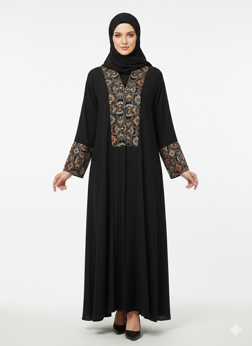 Glamoura X Onyx Sovereign Black Nida Abaya with Gold Baroque Embroidery