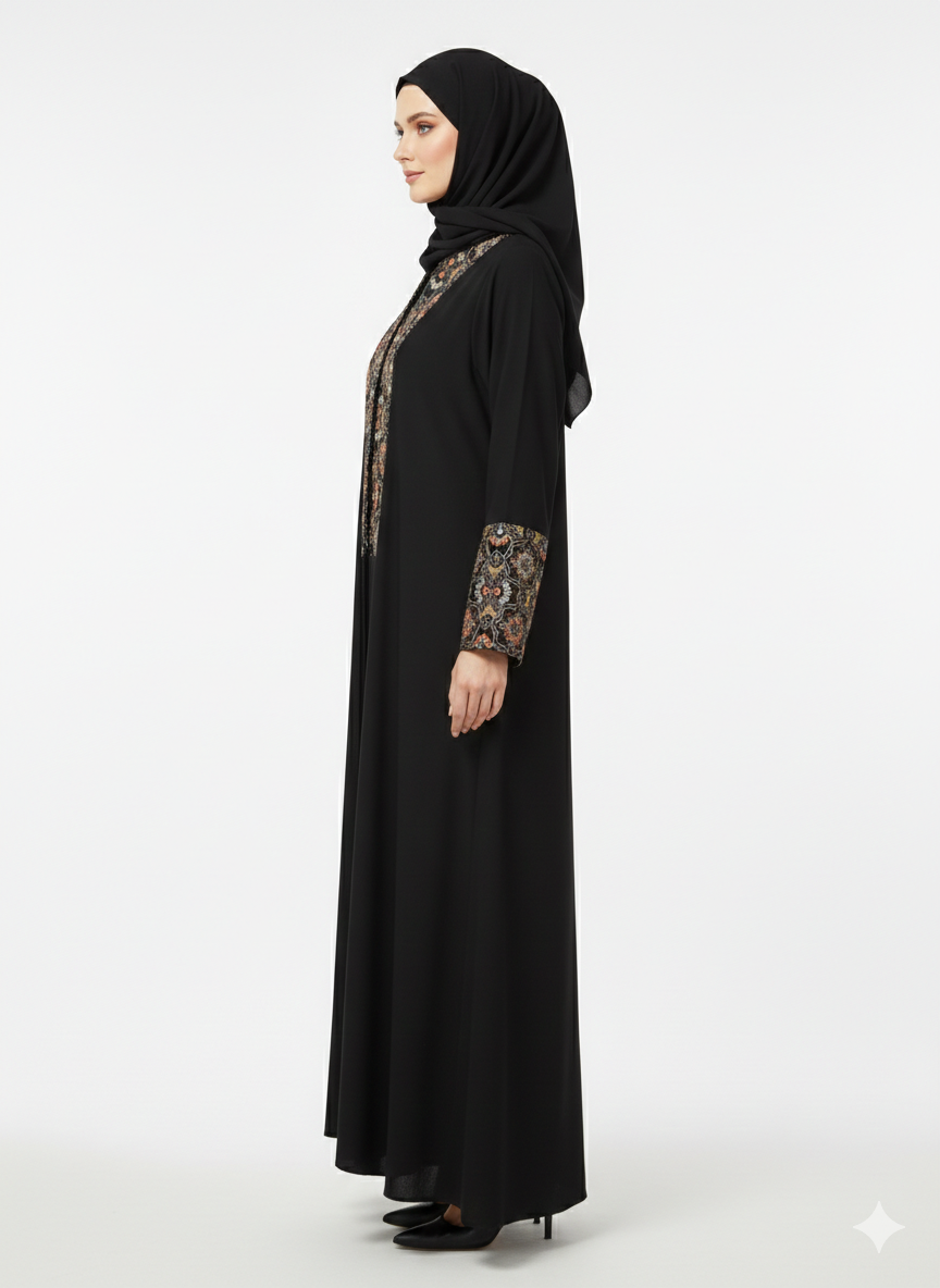 Glamoura X Onyx Sovereign Black Nida Abaya with Gold Baroque Embroidery