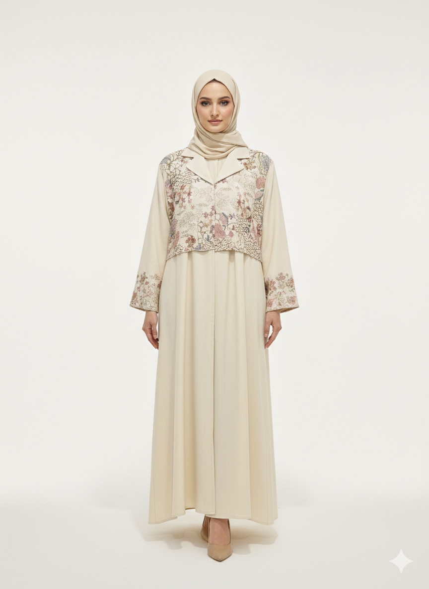 GLAMOURA X Alabaster Blossom Abaya | Floral Embroidery & Tailored Lapel | Farasha Silhouette