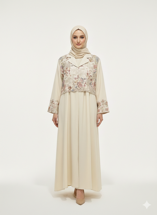 GLAMOURA X Alabaster Blossom Abaya | Floral Embroidery & Tailored Lapel | Farasha Silhouette