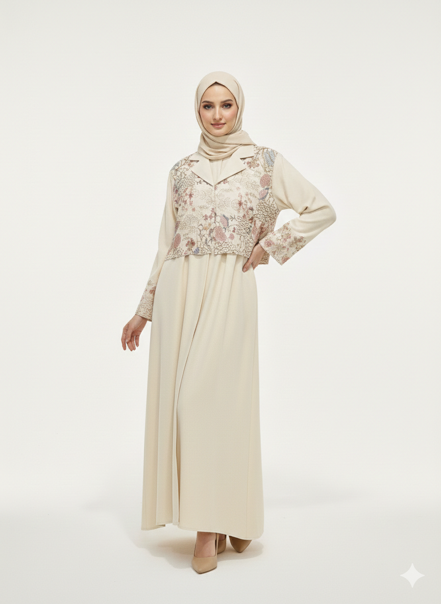 GLAMOURA X Alabaster Blossom Abaya | Floral Embroidery & Tailored Lapel | Farasha Silhouette
