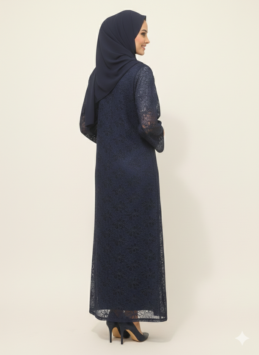 Glamoura X Midnight Sapphire Navy Floral Net Modest Abaya