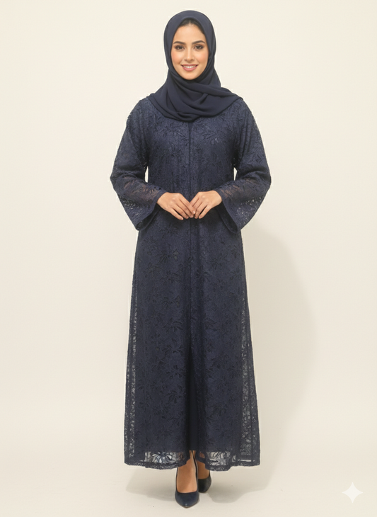 Glamoura X Midnight Sapphire Navy Floral Net Modest Abaya
