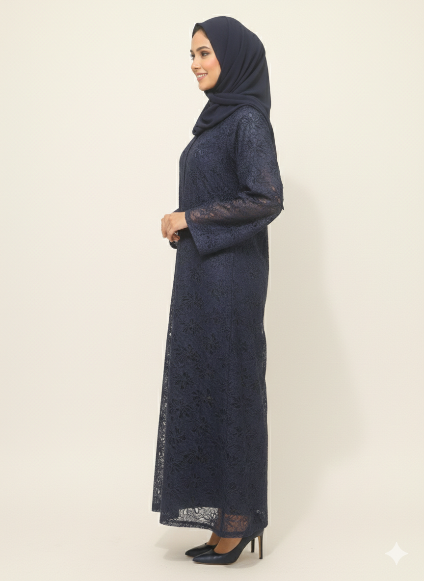 Glamoura X Midnight Sapphire Navy Floral Net Modest Abaya