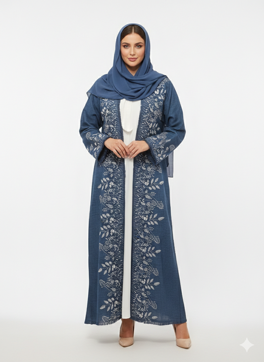 GLAMOURA X Azure Grove Blue Kimono-Style Embroidered Abaya