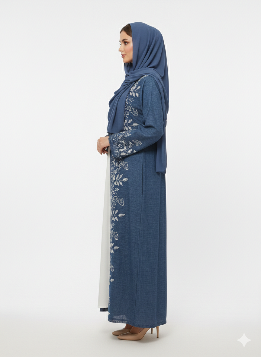 GLAMOURA X Azure Grove Blue Kimono-Style Embroidered Abaya
