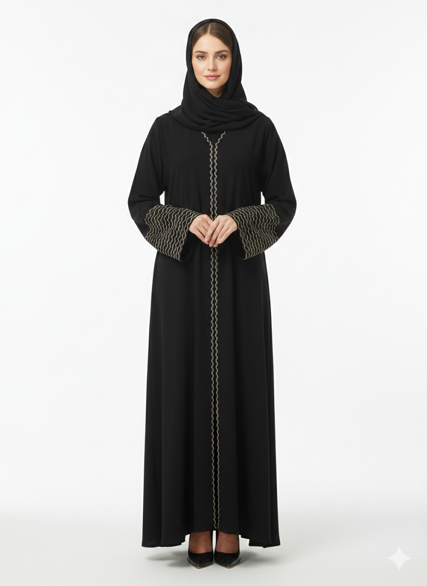 Glamoura X Gilded Wave Noir Black Abaya with Beige Zig-Zag Embroidery
