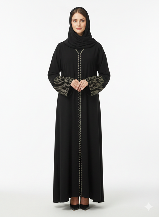 Glamoura X Gilded Wave Noir Black Abaya with Beige Zig-Zag Embroidery
