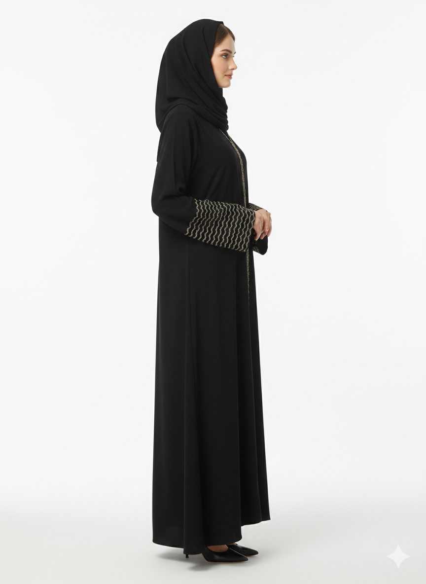 Glamoura X Gilded Wave Noir Black Abaya with Beige Zig-Zag Embroidery