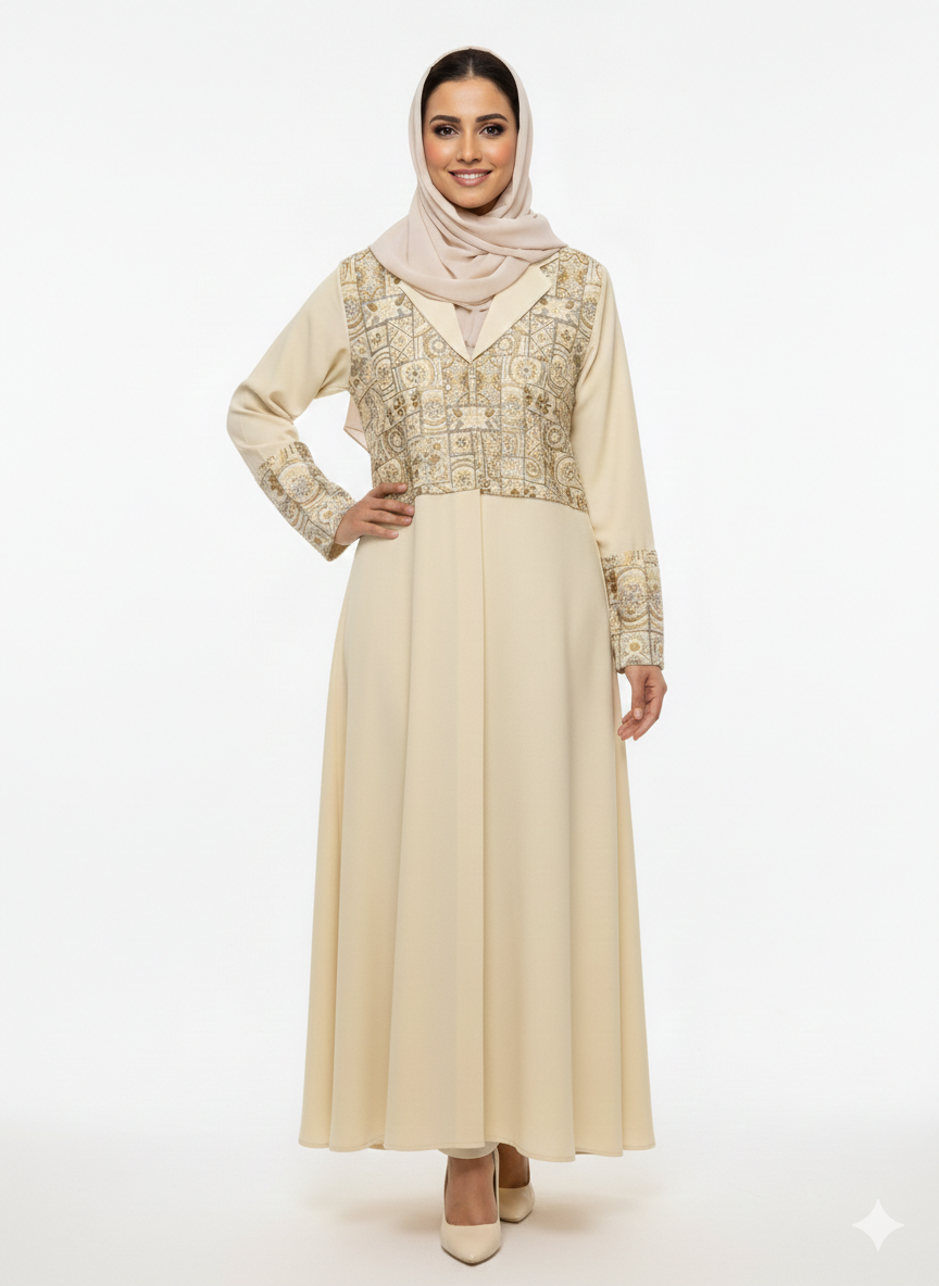 Glamoura X Sandstone Heritage Beige Embroidered Abaya