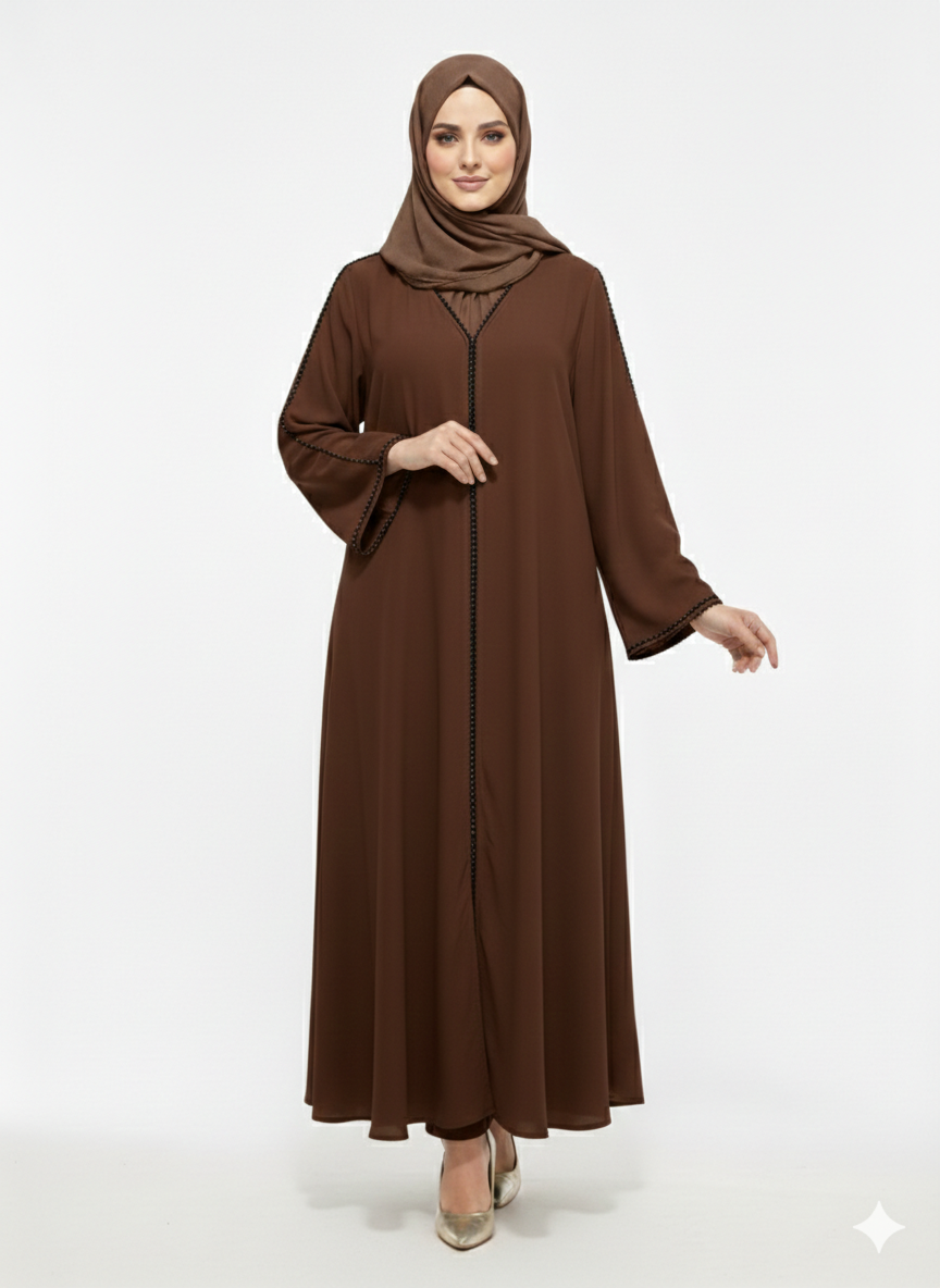 Glamoura X Mahogany Serenity Chocolate Brown Minimalist Modest Trim Abaya