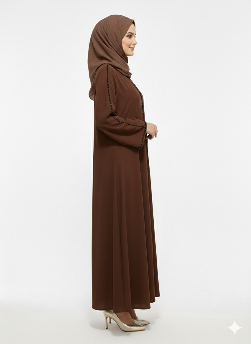 Glamoura X Mahogany Serenity Chocolate Brown Minimalist Modest Trim Abaya