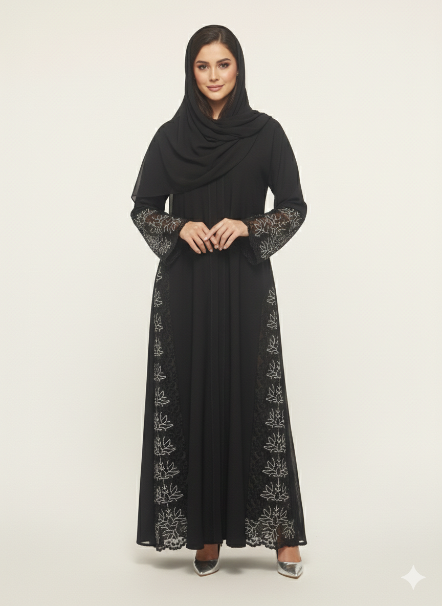Glamoura X Midnight Lotus Silver Side-Net Panel Embroidered Abaya