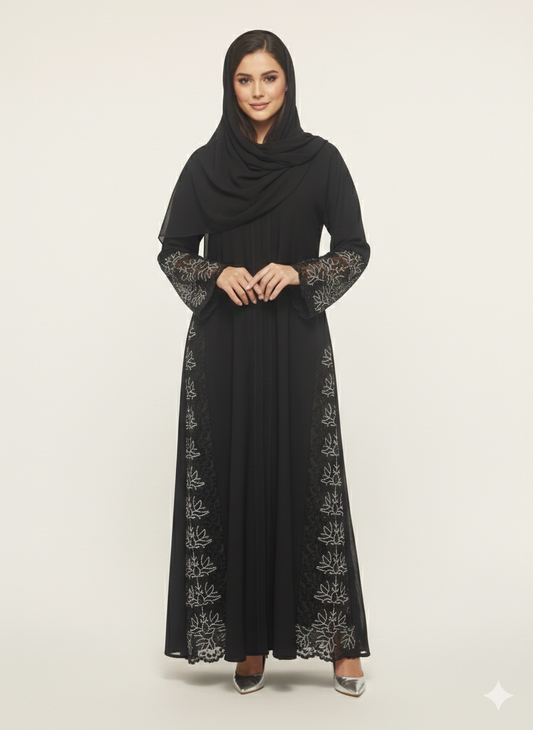 Glamoura X Midnight Lotus Silver Side-Net Panel Embroidered Abaya