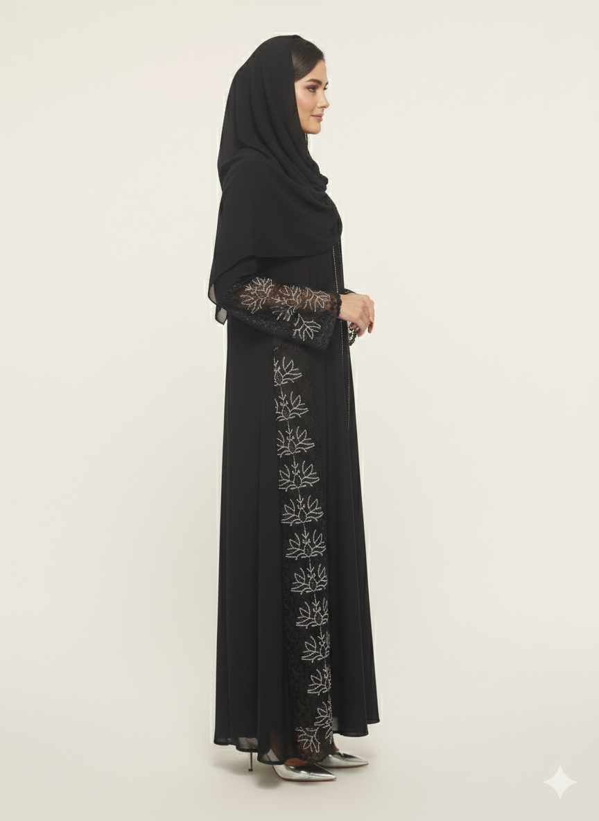 Glamoura X Midnight Lotus Silver Side-Net Panel Embroidered Abaya