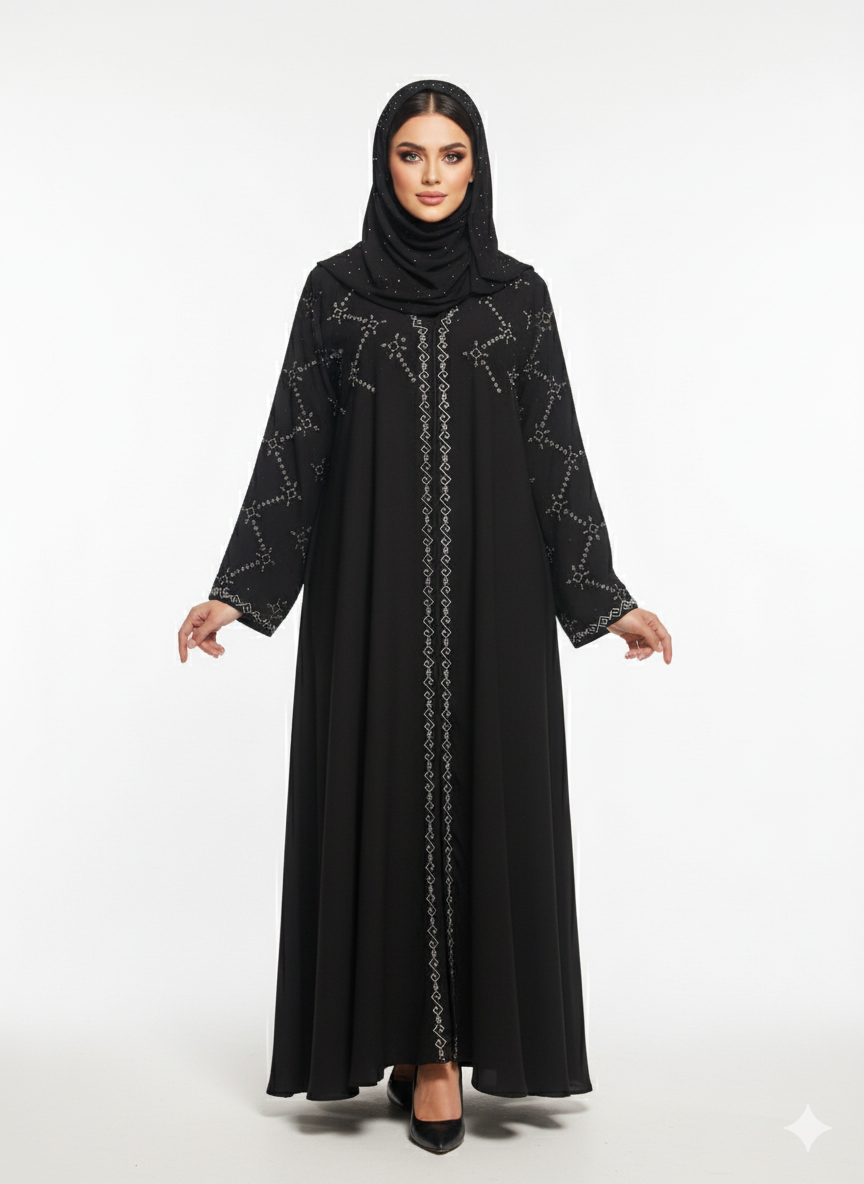 Black Abaya | Bold Crystal Geometric Silver Embellishment by Glamoura X