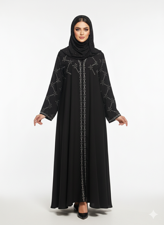 Black Abaya | Bold Crystal Geometric Silver Embellishment by Glamoura X