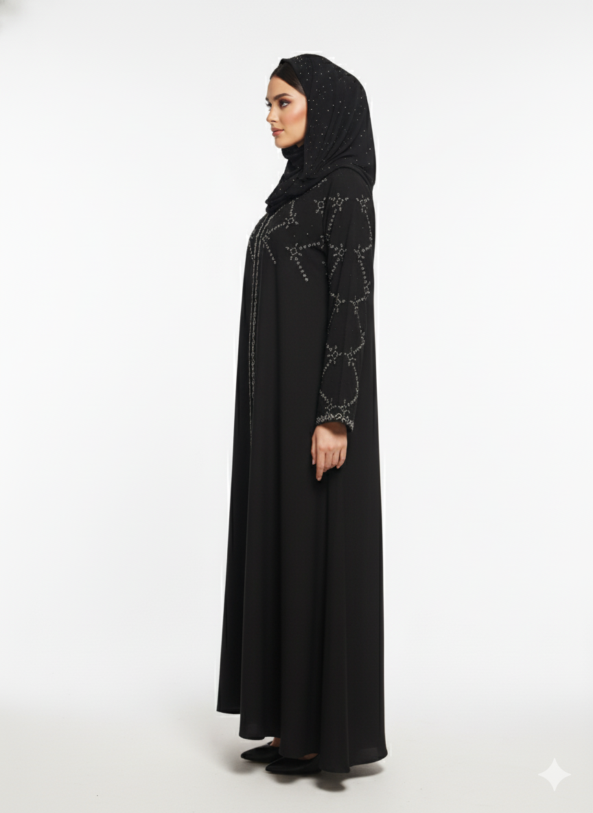 Black Abaya | Bold Crystal Geometric Silver Embellishment by Glamoura X