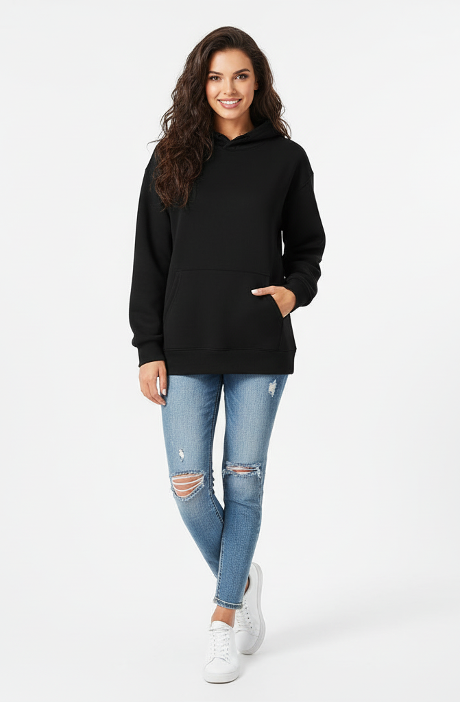 Glamoura X Midnight Black 390 GSM Luxury Pullover Hoodie | Kangaroo Pocket Pullover Hoodie