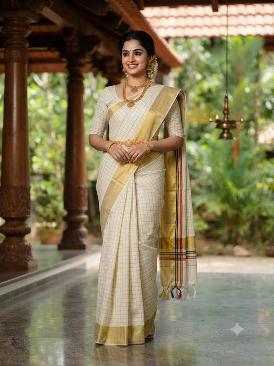Premium Block Maroon & Black Handloom Kasavu Cotton Saree with Running Blouse