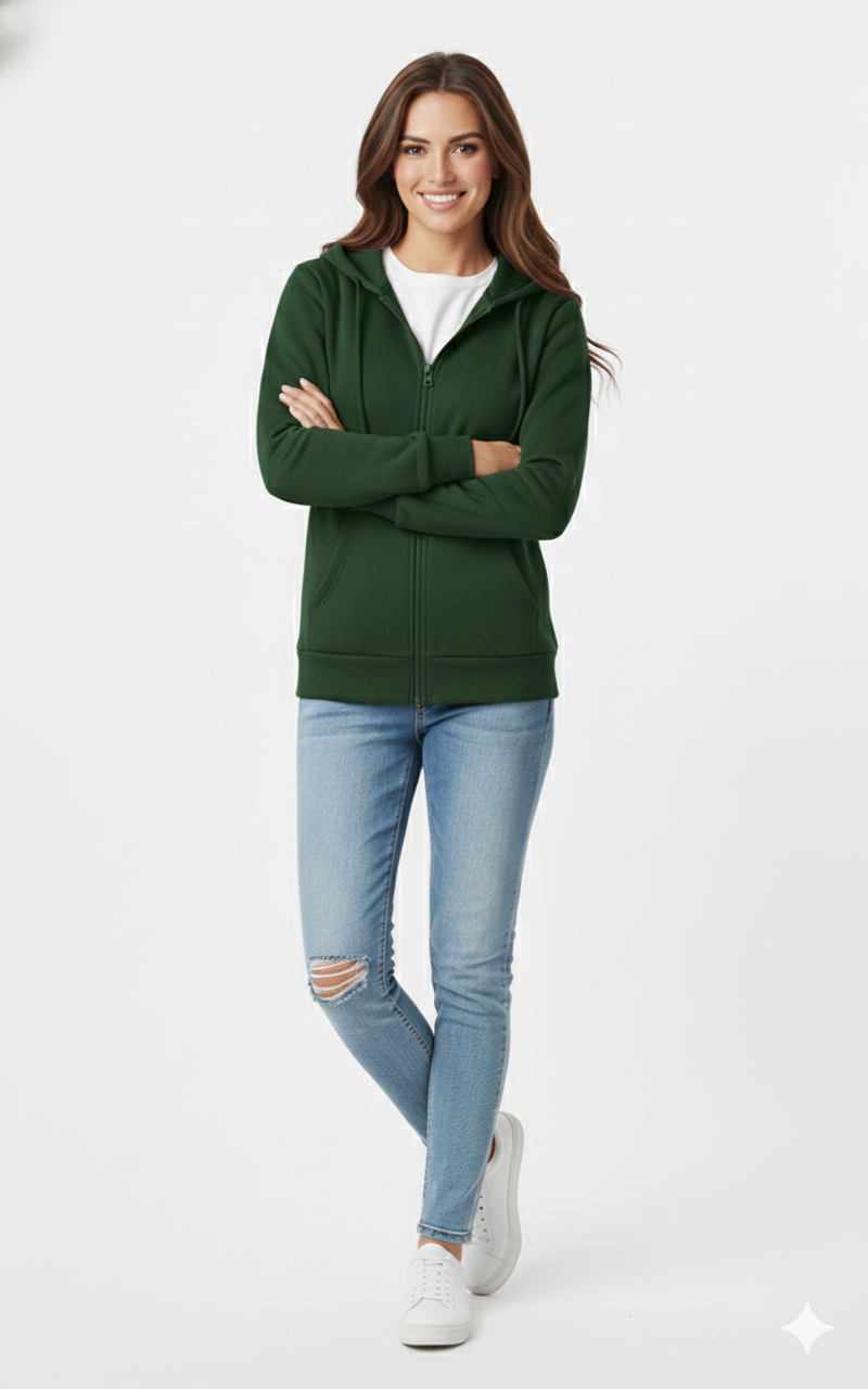 Unisex Dark Green 390 GSM Cotton Zipper Hoodie | Glamoura X by Zadine Wholesale Customizable Blanks