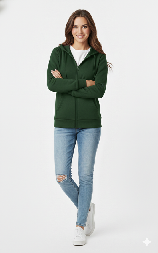 Unisex Dark Green 390 GSM Cotton Zipper Hoodie | Glamoura X by Zadine Wholesale Customizable Blanks