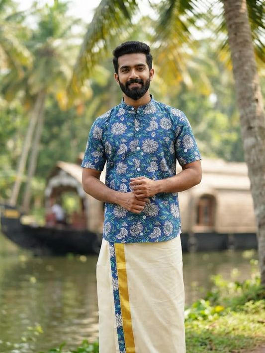 Dahlia Blue Ajrak Kasavu Mundu and Shirt Combo Set