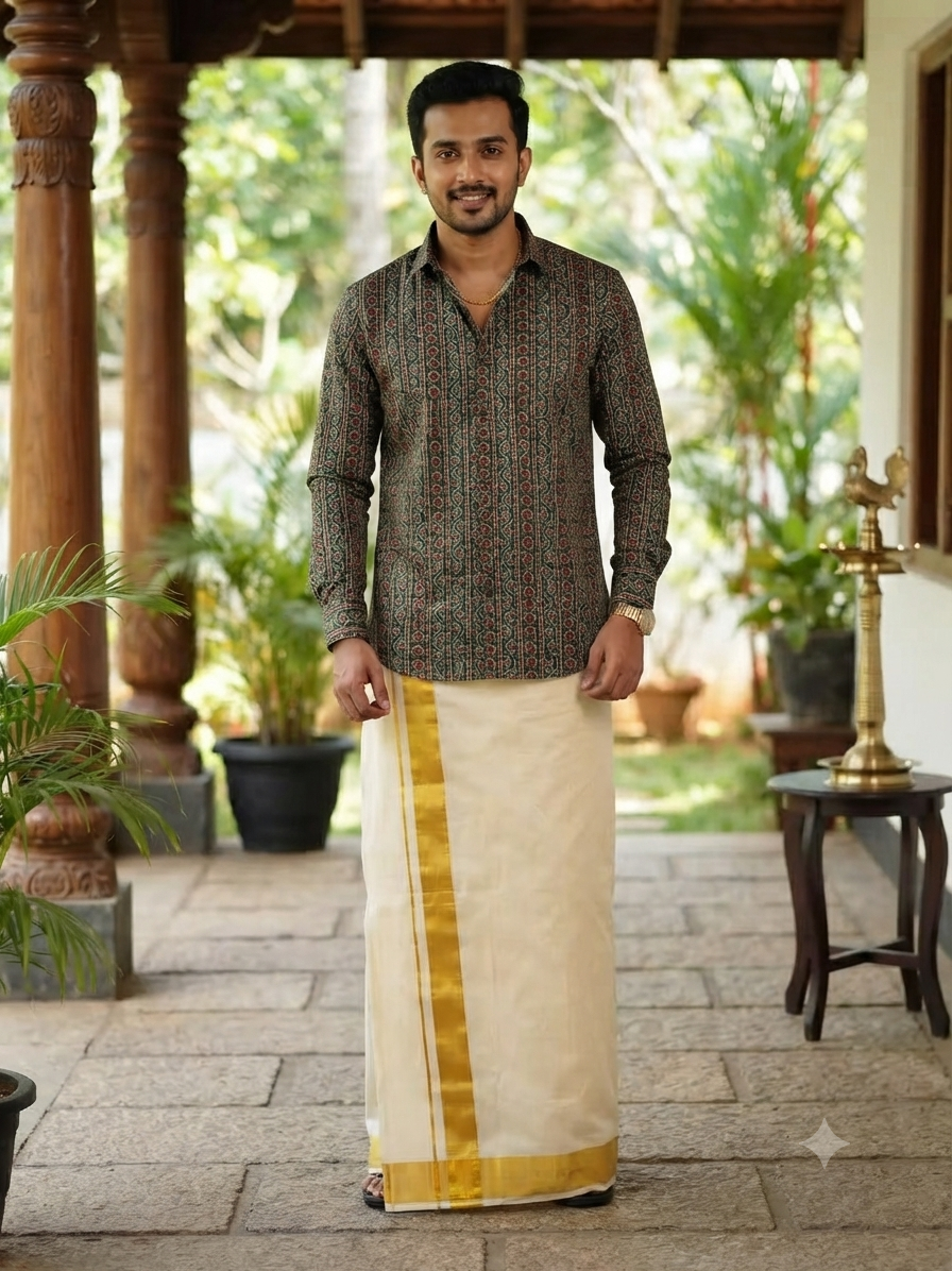 Creeper Ajrak Kasavu Mundu and Shirt Combo Set