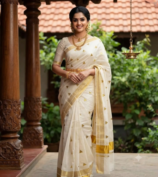 Triangle Golden Zari Premium Kasavu Balaramapuram Saree with Blouse