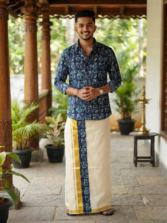 Tiere Navy Blue Ajrak Kasavu Mundu and Shirt Combo