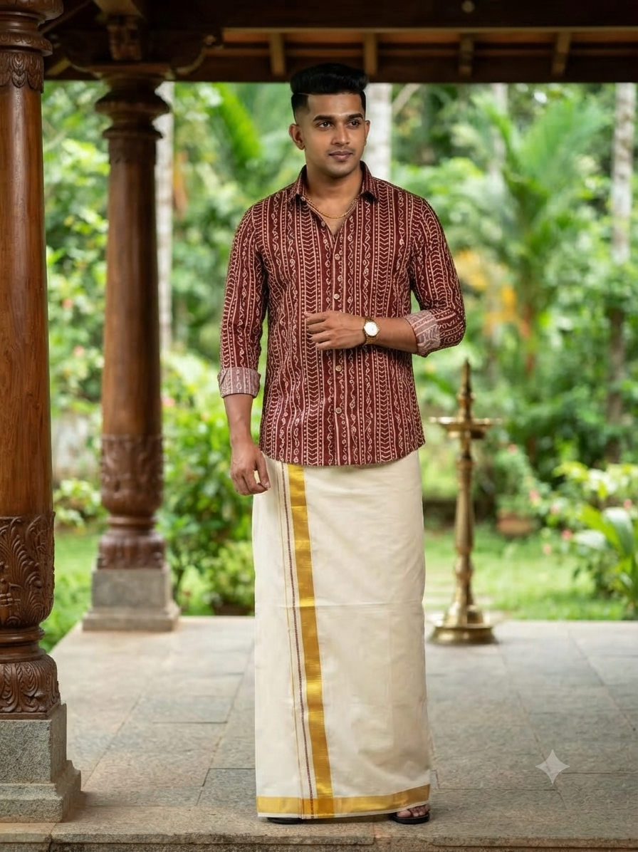 Ancient Brick Ajrak Shirt with Mandarin Collar & Kasavu Double Mundu Dhoti