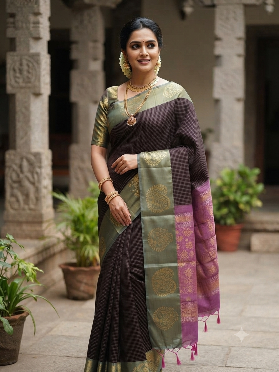 Dark brown Sirumugai Pure Handloom Kanchi Soft Silk Saree with One-Side Korai Turning Weaving with blouse