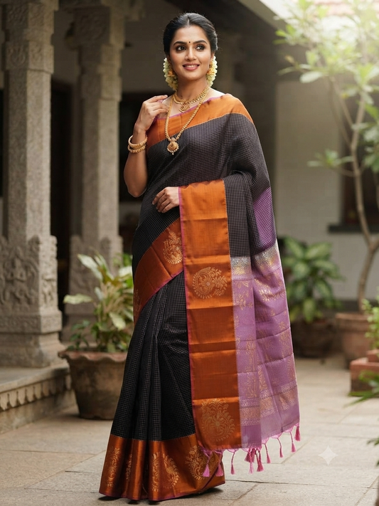 Sirumugai Pure Handloom Kanchi Soft Silk Saree with One-Side Korvai with blouse