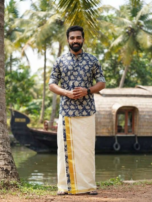 Midnight Blue Lotus Ajrak Kasavu Mundu and Shirt Combo Set