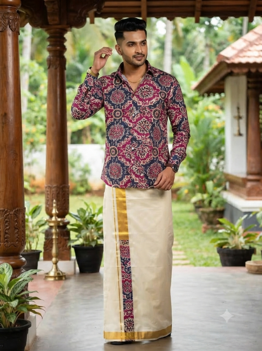 Multi Color Motif Ajrakh Cotton Shirt with Dhoti Set-Kasavu Mundu