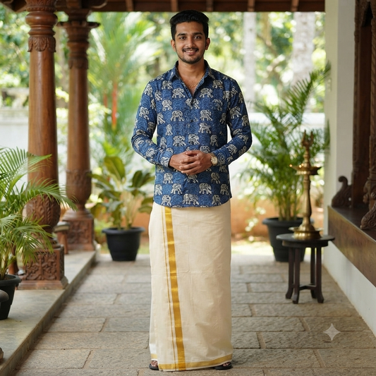 Prussian Blue Gajah Ajrak Kasavu Mundu and Shirt Combo Set