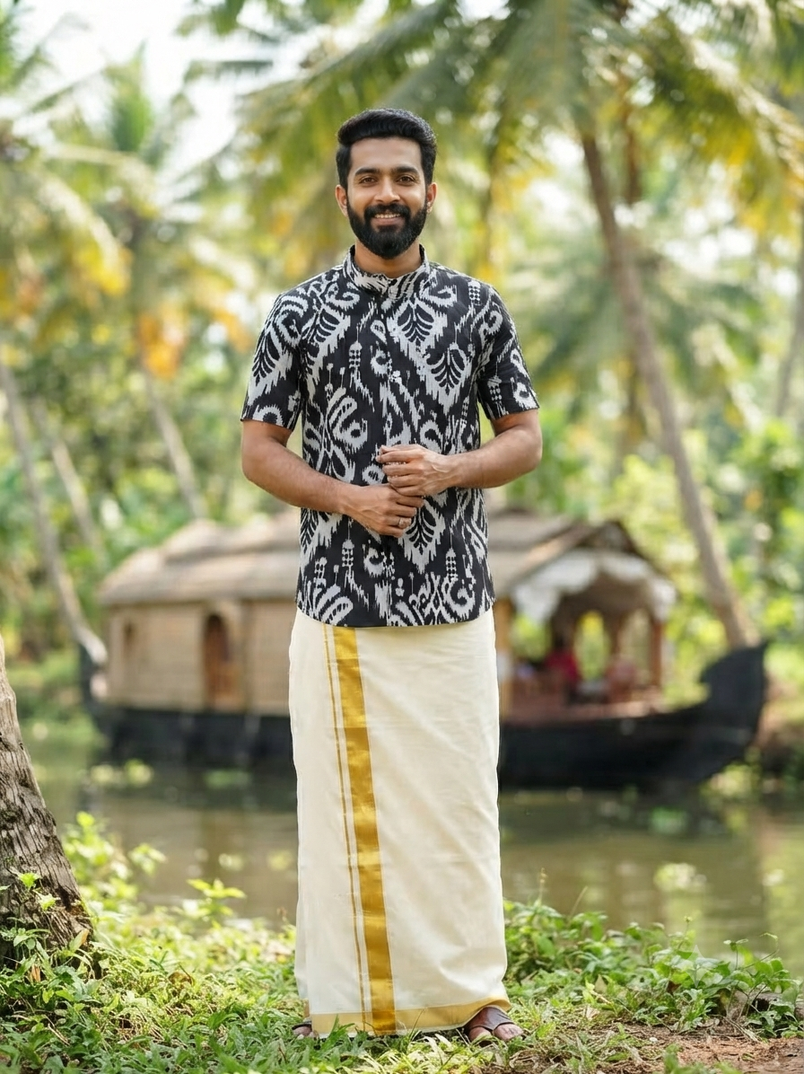 Black Ajrak Gold Kasavu Mundu and Shirt Combo Set closeup view