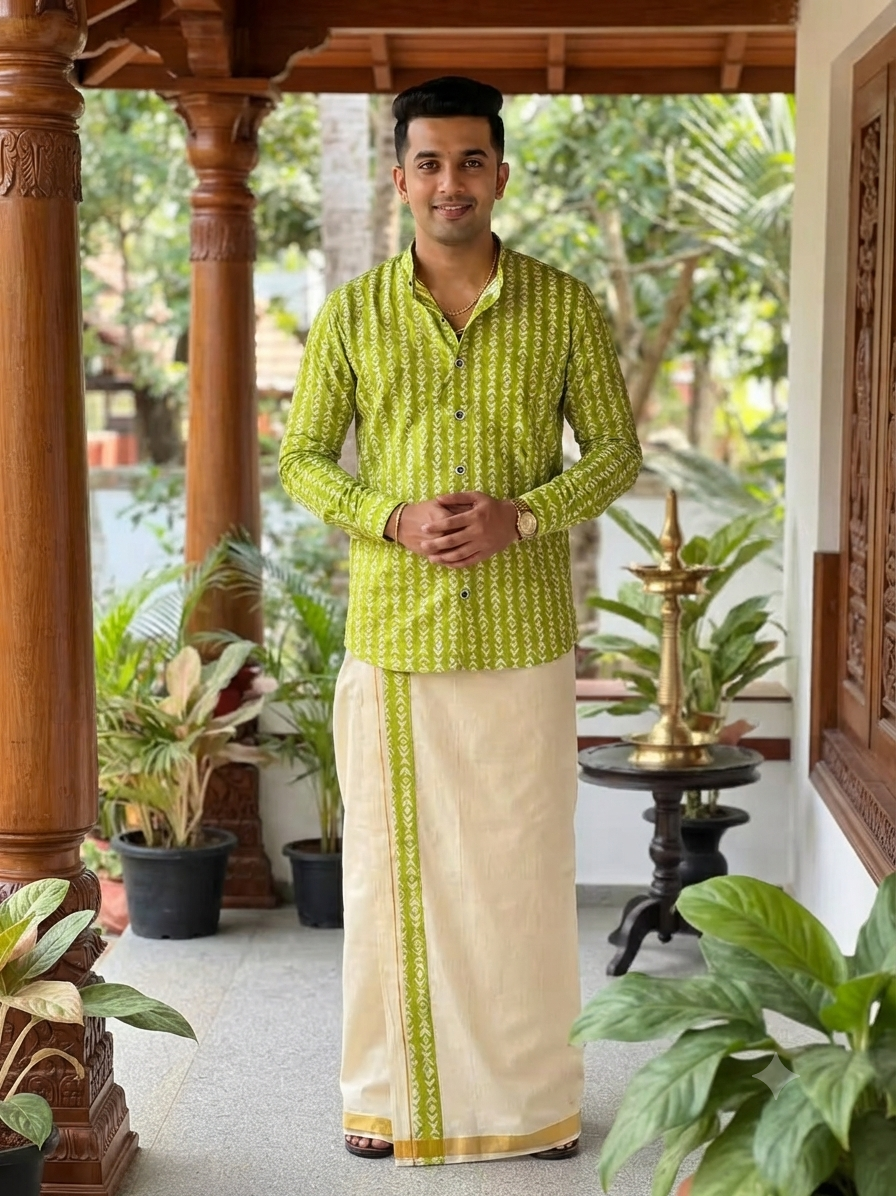Neon Green Ajrak Shirt & Mundu Combo