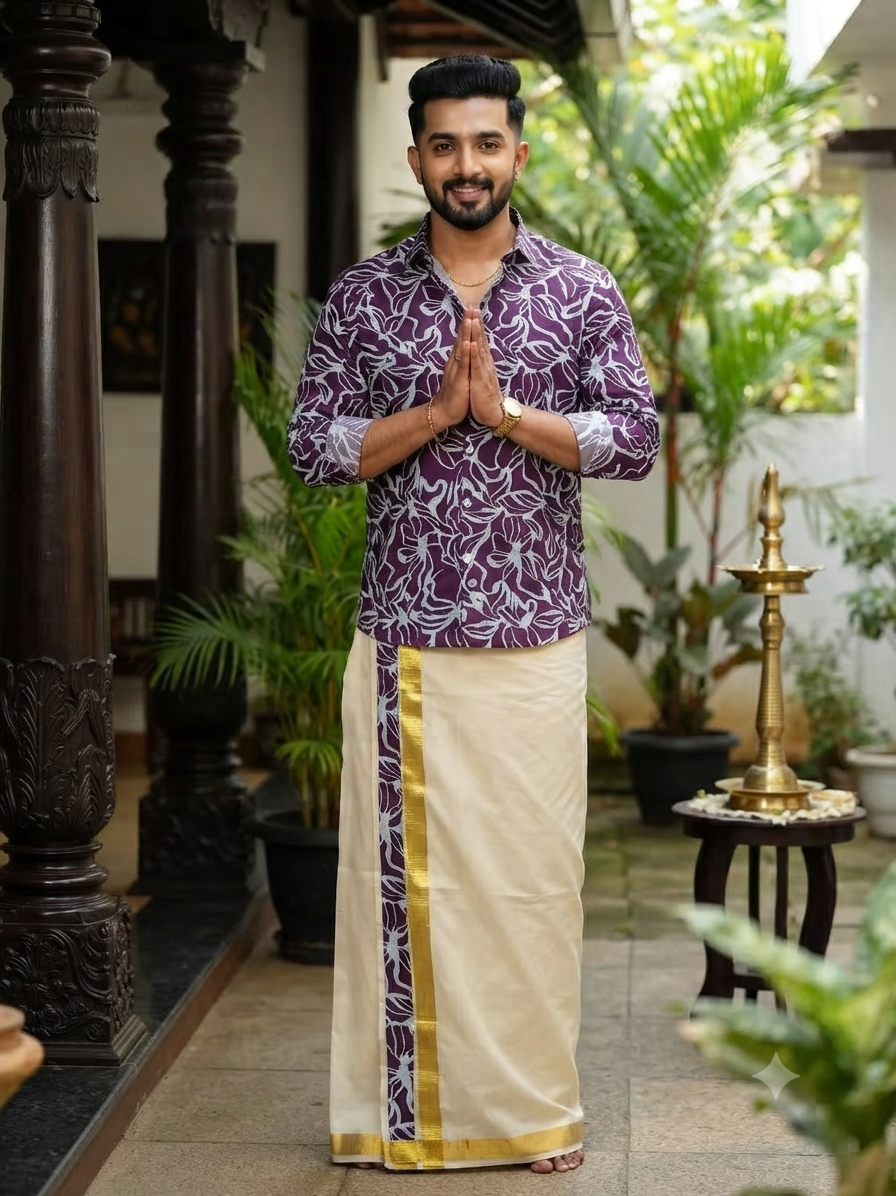 Purple Lavatera Ajrak Kasavu Mundu and Shirt Combo Set
