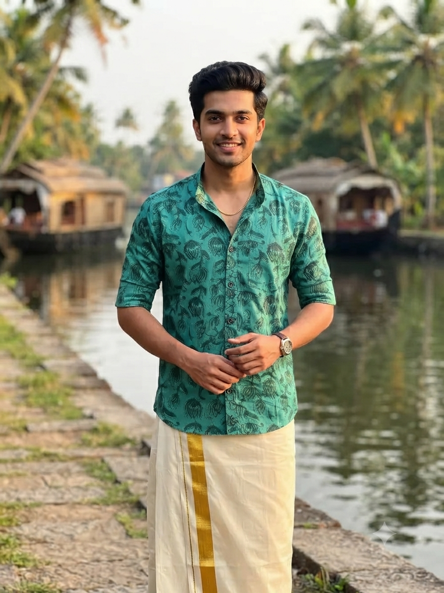 Tiffany Blue Lotus Ajrak Kasavu Mundu and Shirt Combo Set